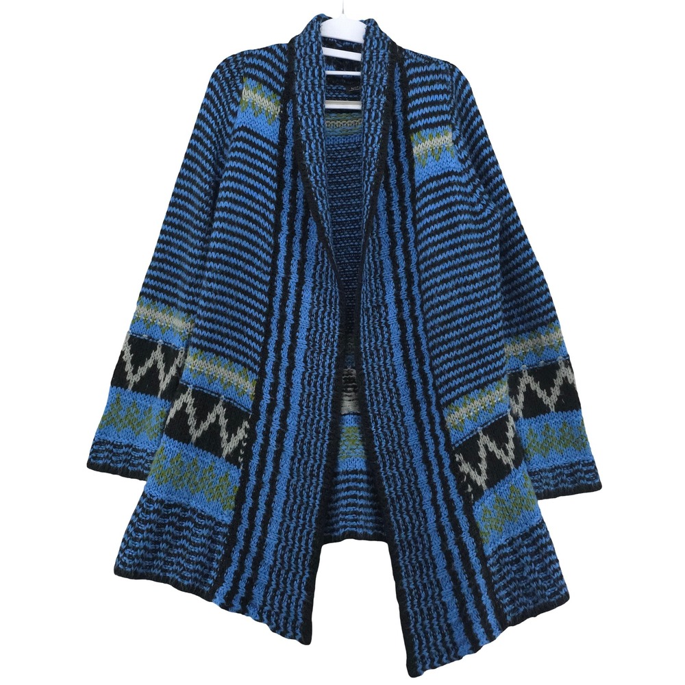 Notations Sweater Size L Crochet Geometric Open Front Duster Cardigan Boho Blue